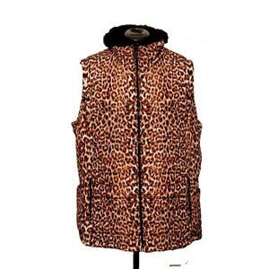 Calvin Klein Women's Leopard/Animal Print Puffer Jacket w/Faux Fur Collar, SZ 1X